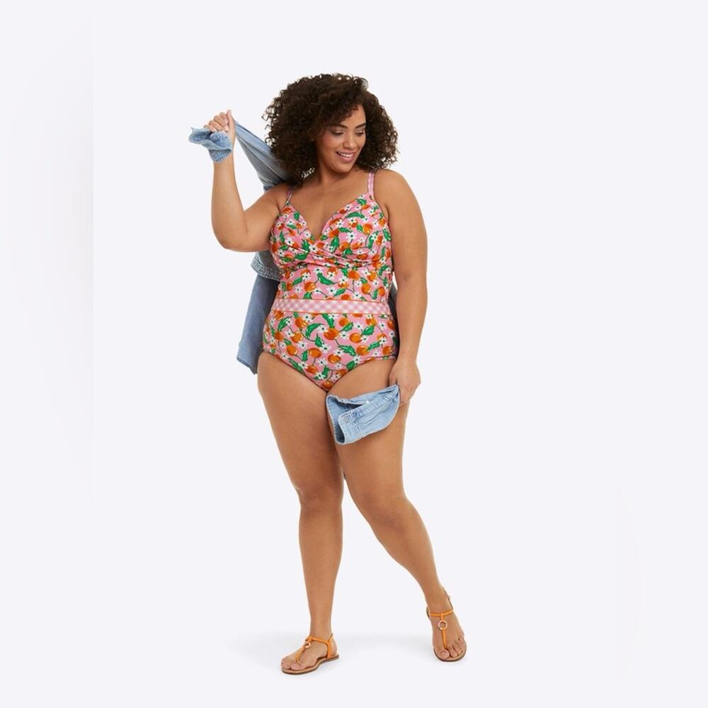 Lands' End Draper James 16 Wrap One Piece Swimsuit Orange Pink Tummy Control NEW